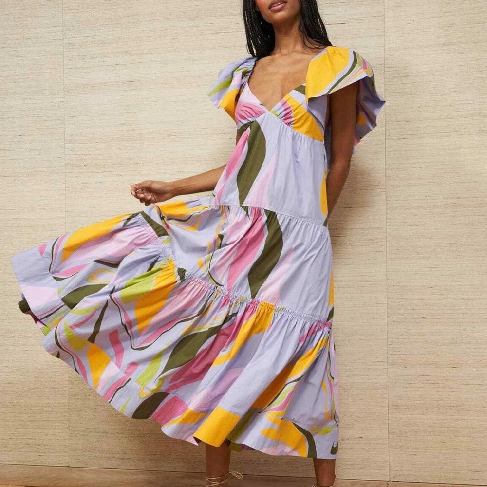 La Ligne | Stella Tiered 100% Cotton Maxi Dress in Lavender‎ Swirl